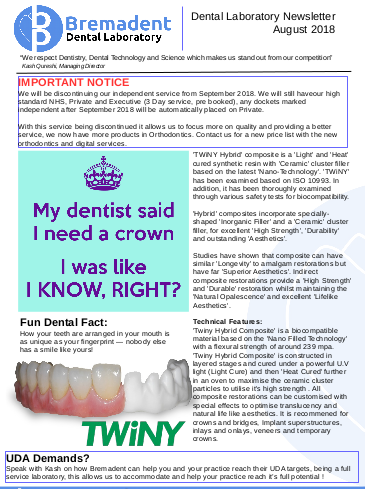 September 2018 Dental Laboratory Newsletter